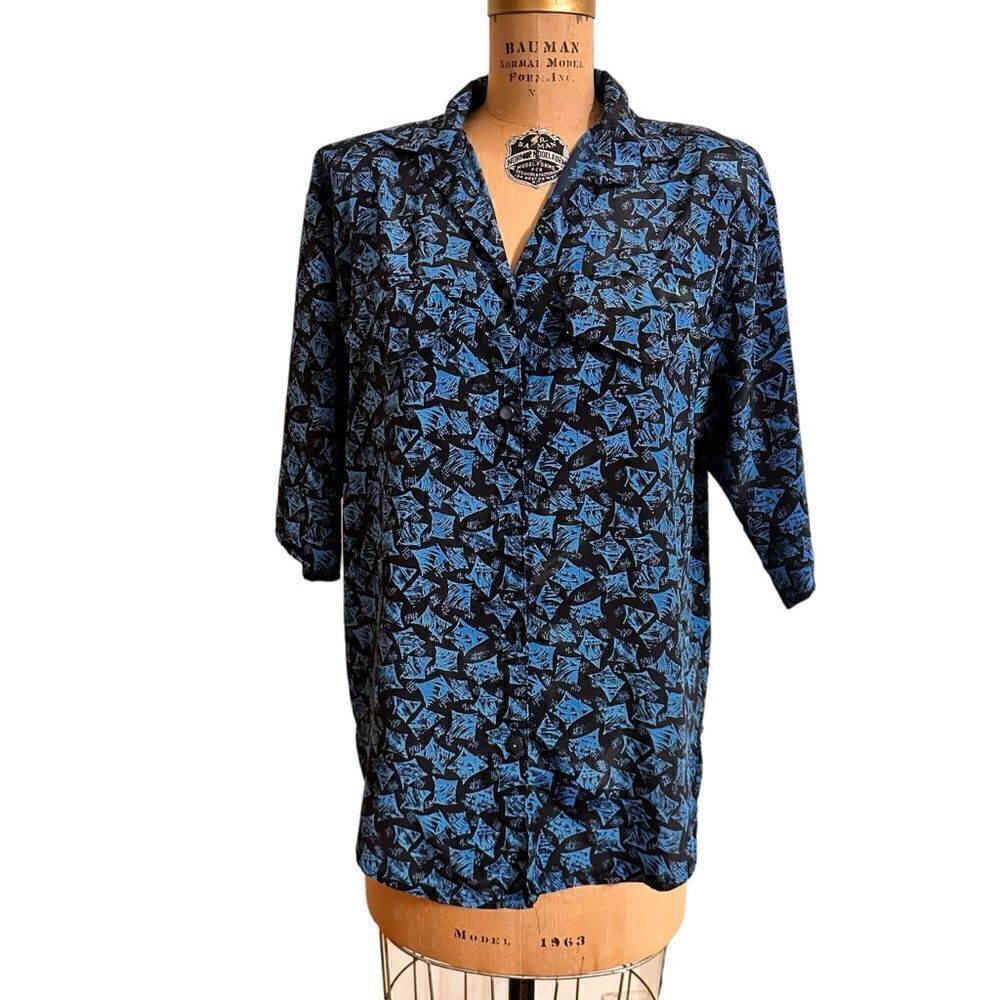 Vintage 80s Your Way Fashions Black and Blue short sleeve shirt size Large